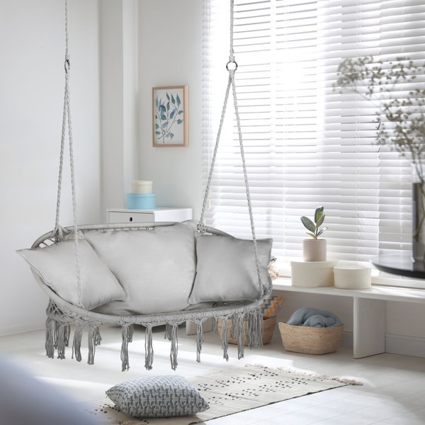 Huśtawka wisząca podwójna Boho z poduszkami Outtec - szara z poduszkami