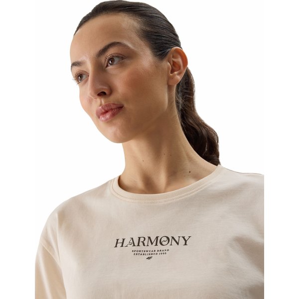 Koszulka, crop top damski 4FWSS24TTSHF1357 4F - kremowy