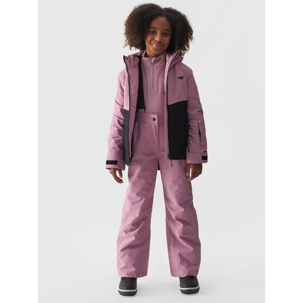 Spodnie narciarskie dziewczęce na szelkach TFTRF659 4F - jasny róż