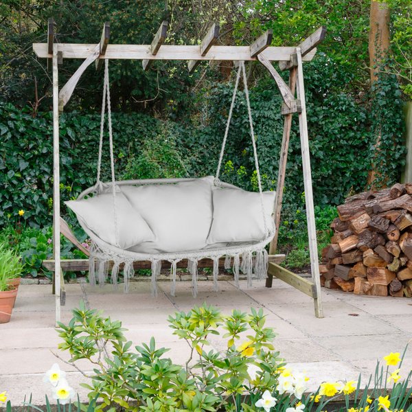 Huśtawka wisząca podwójna Boho z poduszkami Outtec - szara z poduszkami