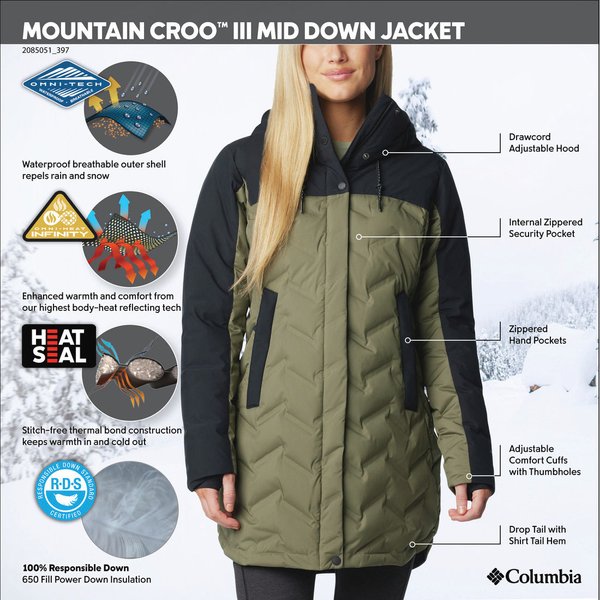 Płaszcz puchowy damski Mountain Croo III Mid Down Columbia - stone green, black