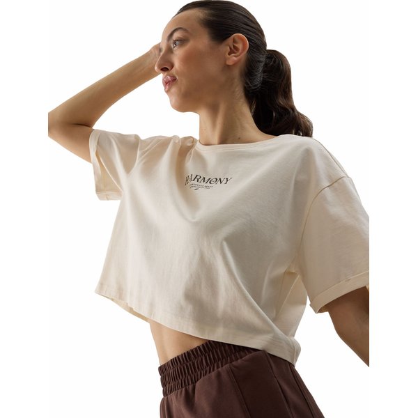 Koszulka, crop top damski 4FWSS24TTSHF1357 4F - kremowy