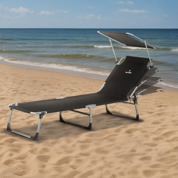 Leżak, łóżko plażowe z daszkiem Outtec - czarny