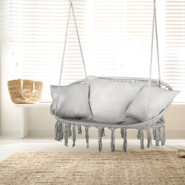 Huśtawka wisząca podwójna Boho z poduszkami Outtec - szara z poduszkami