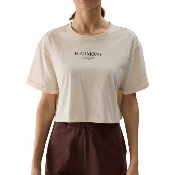 Koszulka, crop top damski 4FWSS24TTSHF1357 4F - kremowy