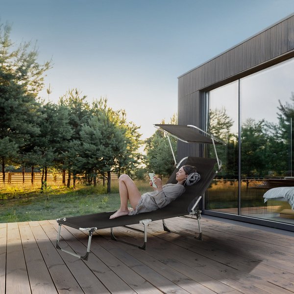 Leżak, łóżko plażowe z daszkiem Outtec - czarny