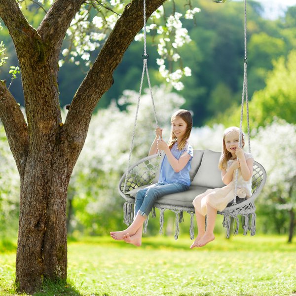 Huśtawka wisząca podwójna Boho z poduszkami Outtec - szara z poduszkami