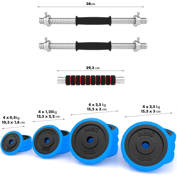 Hantle żeliwne ogumowane ze sztangą 2x15kg HMS