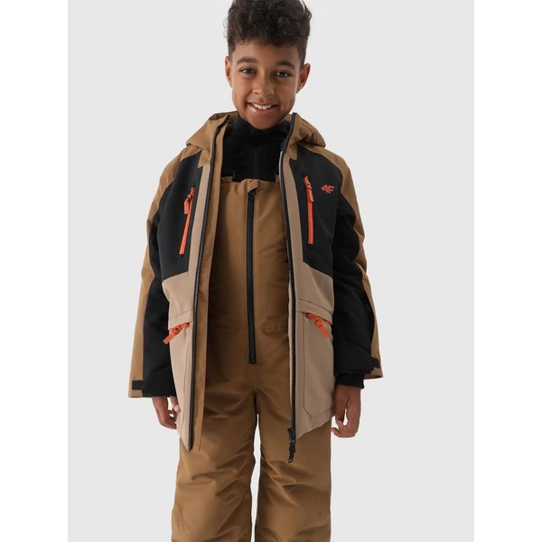 Spodnie narciarskie chłopięce na szelkach TFTRM657 4F - jasny brąz