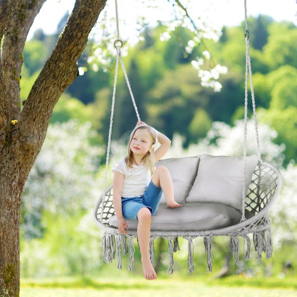 Huśtawka wisząca podwójna Boho z poduszkami Outtec - szara z poduszkami