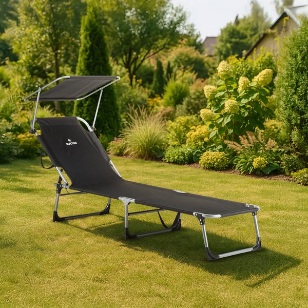 Leżak, łóżko plażowe z daszkiem Outtec - czarny