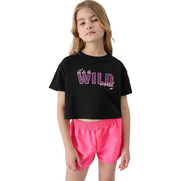 Koszulka, crop top dziewczęcy 4FJWSS24TTSHF1144 4F - głęboka czerń