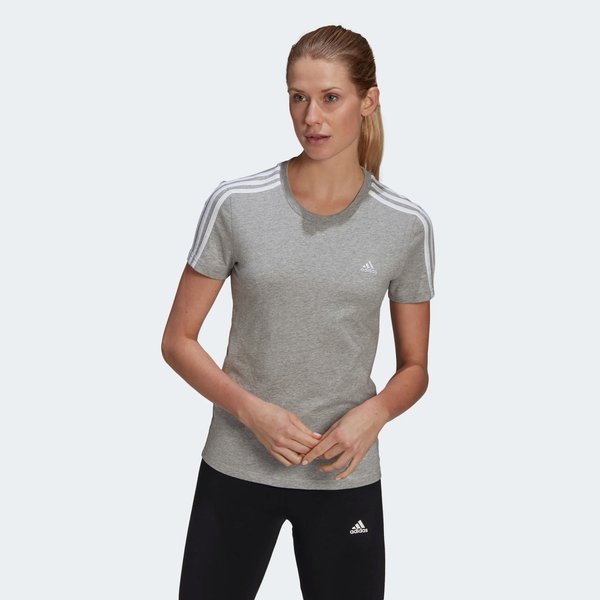 Koszulka damska Loungewear Essentials Slim 3-Stripes Tee Adidas - medium grey heather/white
