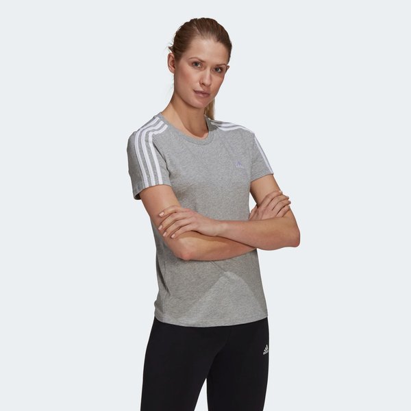 Koszulka damska Loungewear Essentials Slim 3-Stripes Tee Adidas - medium grey heather/white