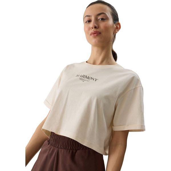 Koszulka, crop top damski 4FWSS24TTSHF1357 4F - kremowy