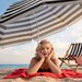 Parasol ogrodowy, plażowy, łamany Outtec - ciemny granat/paski